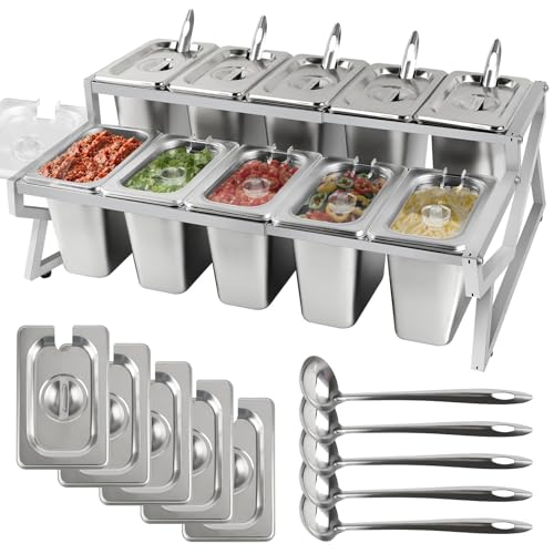 Kalolary 10 Pans Pizza Topping Storage Station, 2 Row Adjustable Stainless Steel Condiment Containers with Lids Spoons Ice Food Serving Display Container Salad Bar Buffet Station for Home Kitchen Kalolary 10 Pans Pizza Topping Storage Station, 2 Row Adjustable Stainless Steel Condiment Containers with Lids Spoons Ice Food Serving Display Container Salad Bar Buffet Station for Home Kitchen