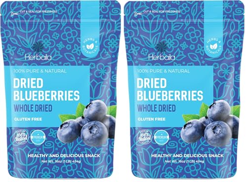 Herbaila Whole Dried Blueberries, No Sugar Added, Bulk, Dehydrated, Dried Unsweetened Blueberries, All Natural, Non-GMO, 1 Pound. - 16 oz. (Pack of 2)