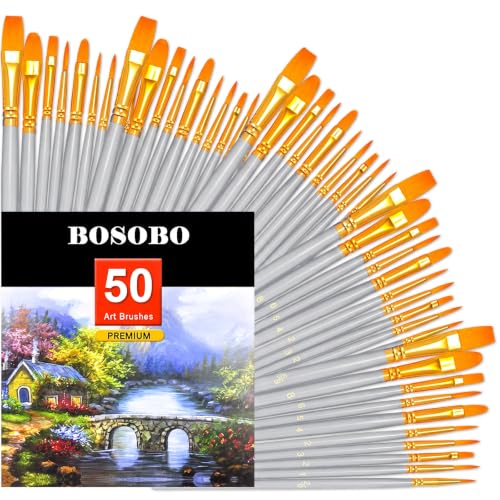 Image of BOSOBO Assorted Nylon Acrylic Artist Paint Brushes Set,Silver,50 Pcs