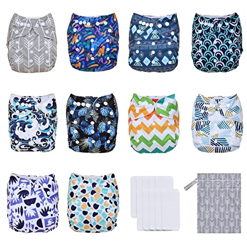 Image of TDIAPERS Baby Cloth Diapers Washable Reusable One Size Adjustable for Baby 10 Pack with 10 Pcs Microfiber Inserts, 1 Wet Bag