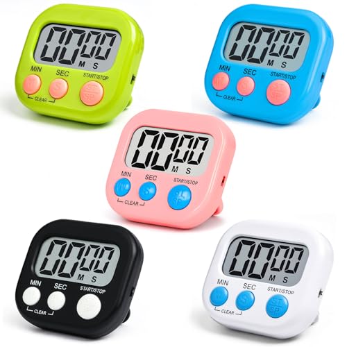 Chronometre Minuteur 5 Pièces Minuteur de Cuisine, Magnétique Timer Enfant avec Grand Écran LCD, Chronomètre et Alarme Digital Compte à Rebours pour Pâtisserie Cuisson Four