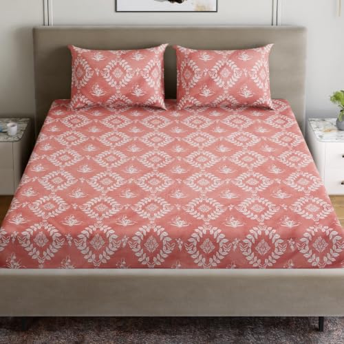 Image of Dreamscape Microfibre Wrinkle & Fade Resistant King Fitted Bedsheet with 2 Pillow Covers - (Size 72 x 78 inches, TC, Colour - Coral)
