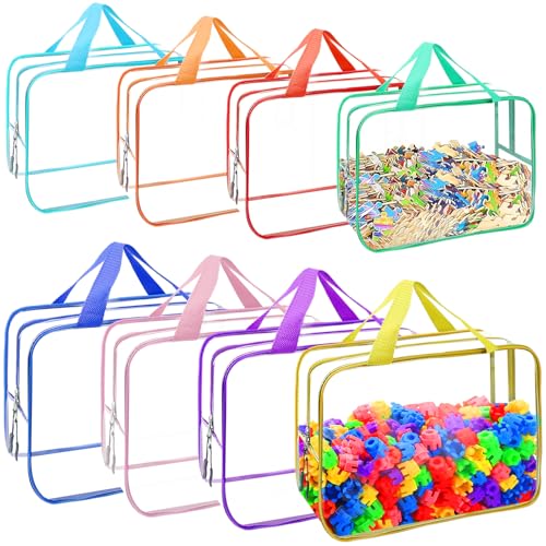 8 Packs 8 Colors Toy Storage Bags, Reusable Clear PVC Board Game Storage, Toy Storage Organizer Bags with Zipper for Building Blocks, Puzzle and Handmade Accessories, Clear Toiletry Bag