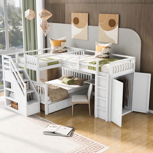 VeroFree Twin-Over-Full L-Shaped Bunk Bed with 3 Drawers, Portable Desk & Wardrobe-Space-Saving Kids in White
