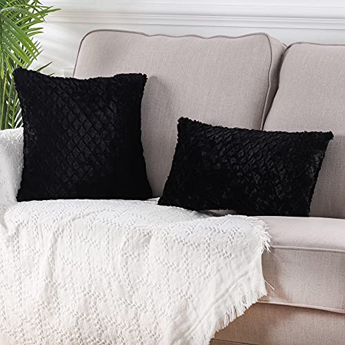 Mandioo Pack Of 2 Luxury Soft Plush Faux Fur Decorative Throw Pillow Covers Set Cushion Cases Pillowcases For Couch Sofa Bedroom Car 18X18 Inches,Black #TOP4