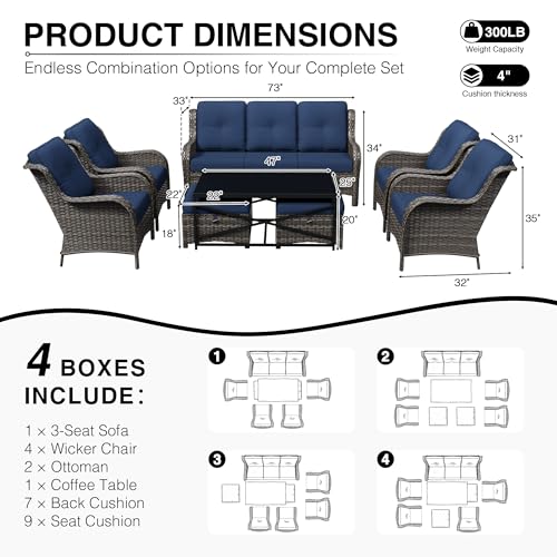 Image of Joyside 8 Piece Wicker Patio Furniture Set, Rattan Patio Chairs with High Back, Deep Seating, Wide Armrest, Thickened Cushions, Outdoor Furniture for Deck, Porch Use