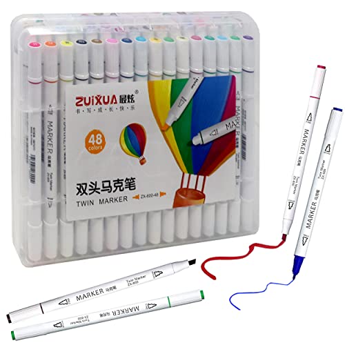 Image of Lakeer 48 Colours Dual Tip Alcohol Based Art Markers, Fine and Broad Chisel Tip Sketch Pens, Permanent Blendable Ink with Carrying Case for Painting, Sketching, Calligraphy and Coloring Books | Dual Tip Art Marker