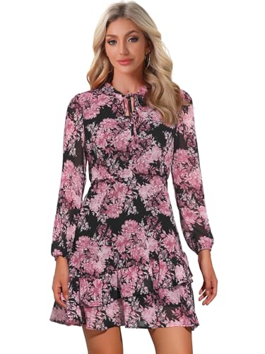 Image of Allegra K Women's Spring Dresses 2026 Tie V Neck Semi Sheer Long Sleeve Layered Tiered Chiffon Mini Floral Dress
