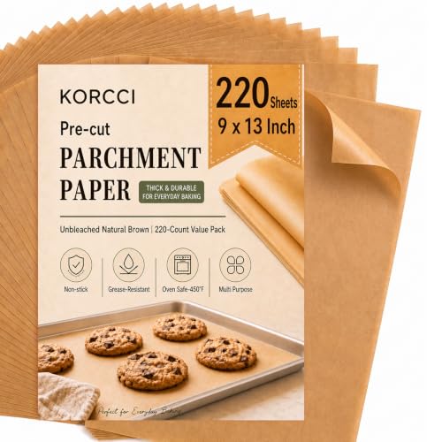 Image of KORCCI 220-Count 9x13 Inch Parchment Paper Sheets, Precut Non-Stick Unbleached Baking Paper, Quarter Sheet Size for Toaster Oven, Air Fryer, Cookies, Cakes and Bread