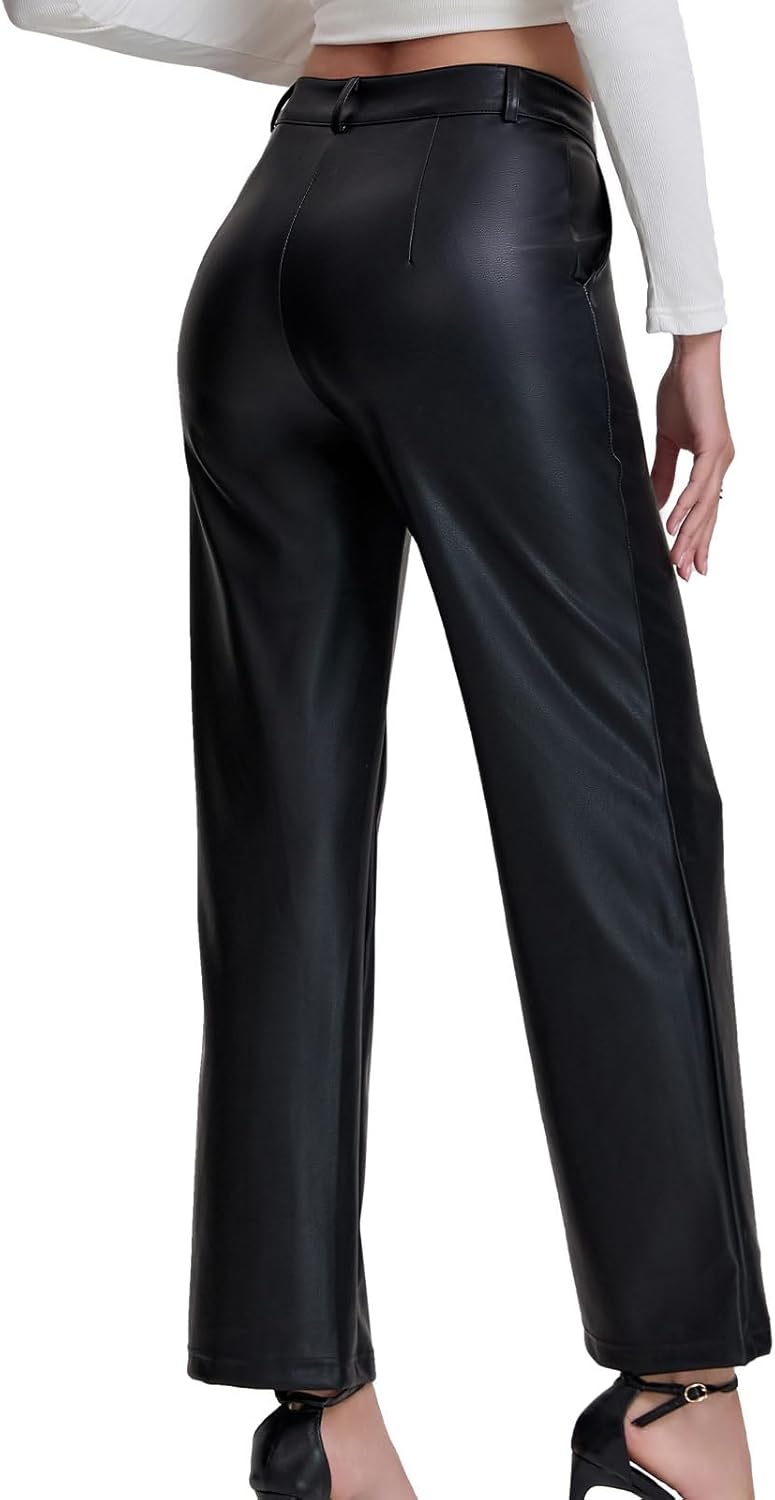 Women’s High Waist Faux Leather Pants PU Straight Leg Wide Leg Trousers with Pockets - Image 5