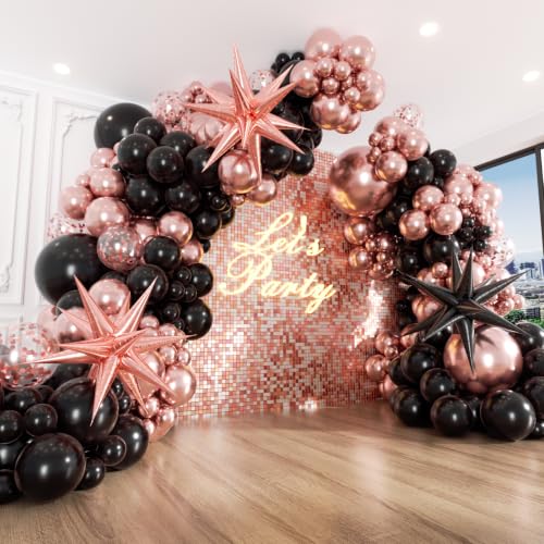 128pcs Rose Gold Balloon Arch Kit with Foil Confetti Metallic Rose Gold and Black Balloons for Wedding Baby Shower Birthday Party Decorations
