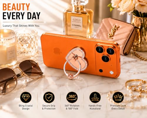 Image of Mizi 2Pack Bling Heart Phone Ring Holder Stand, 360 Rotating & 180 Foldable Finger Grip Kickstand-Strong 3M Adhesive, Zinc Alloy Phone Ring-Smartphones & Tablets, Sparkly Diamond Design - Rose Gold