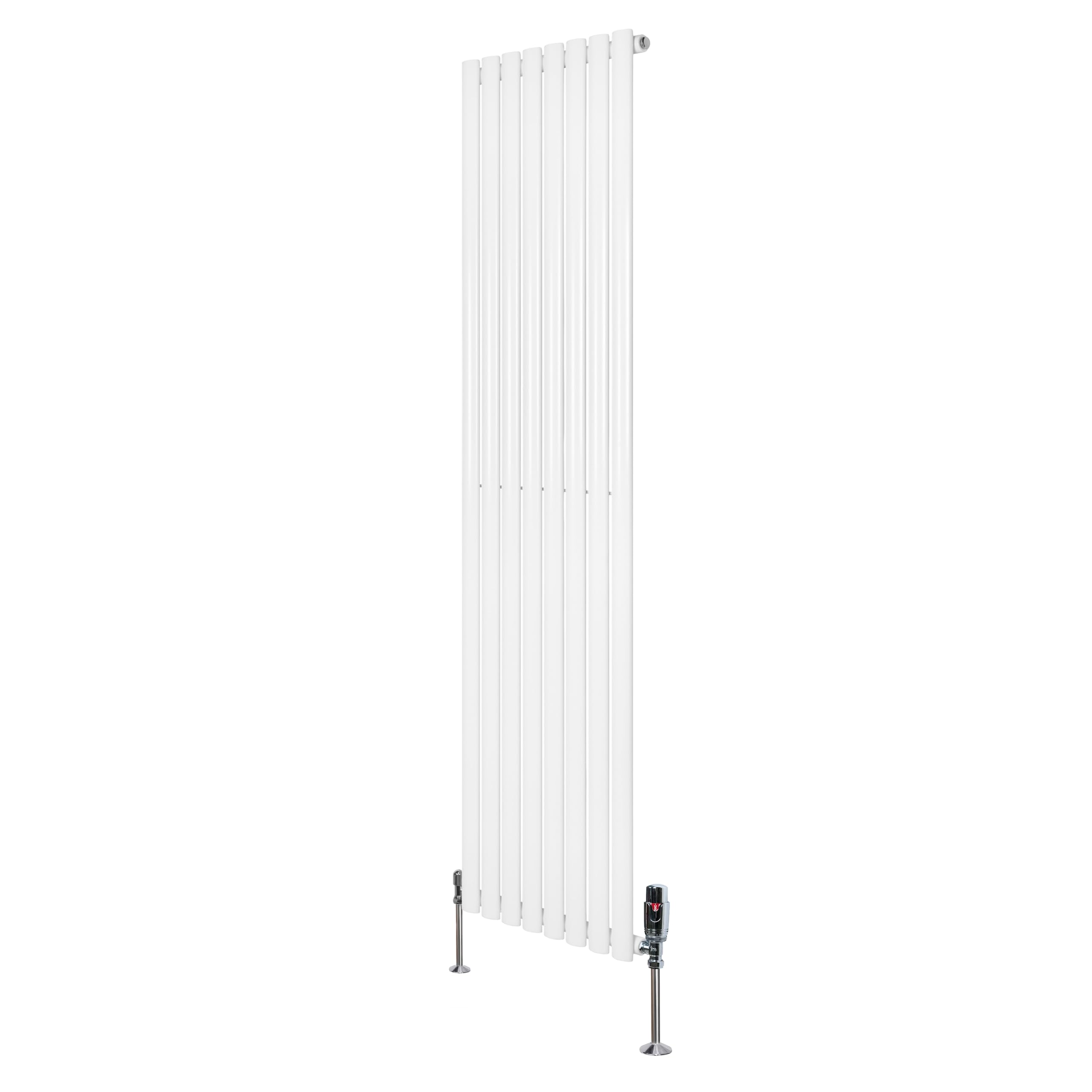 Oval Single Column Radiator 1800mm x 480mm & TRV Chrome Valves Modern Designer Single Panel Central Heating Heater White Carbon Steel Horizontal Free Cleaning Brush Fixing Kit & Brackets