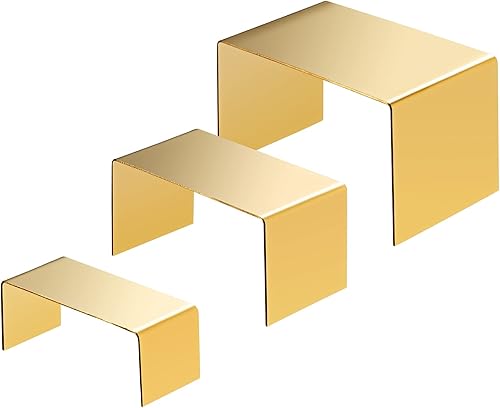 Vicenpal 3 soportes de exhibición dorados de acero inoxidable para tartas y postres, soporte de exhibición de perfumes, estante de 3 tamaños para