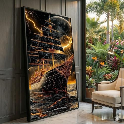 Toile de voilier noir et peinture océanique dramatique de nuit pour salon 70x130cm
