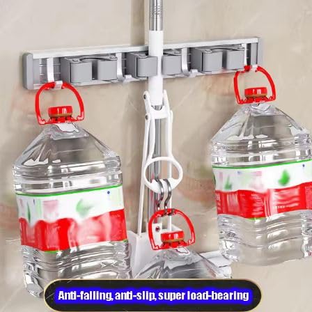 Image of STAR WORK Heavy-Duty Space Aluminum Wall Mop & Broom Holder, Waterproof Organizer with Dual Non-Slip Grips and Utility Hooks, No-Drill Adhesive Mount for Kitchen, Bathroom.(5 MOP HOLDER 6 HOOKS)