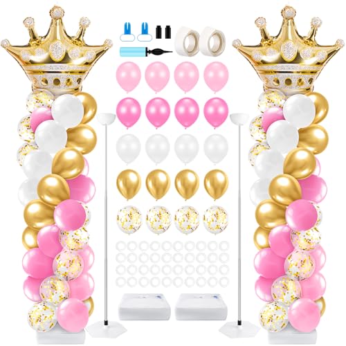Image of Kasyat 2 Sets Princess Party Balloon Column Stand Kit with 2 Crown Foil Balloons 100 Latex Balloons, Adjustable Stands Pink and Gold Balloon Stand Kit for Baby Shower Birthday Party Supplies
