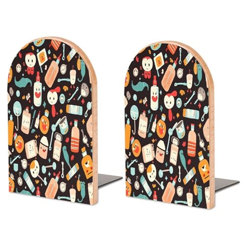 Sujetalibros de madera económicos y decorativos con patrón de dibujos 2