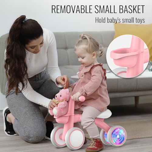 Image of Umatoll Colorful Lighting Baby Balance Bike Toys for 1 Year Old Girl Gifts, Adjustable Seat, First Birthday Gifts, 12-24 Months Toddler Bike, Pink