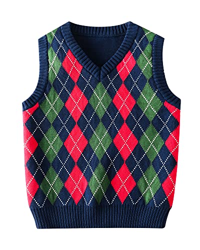 Image of Boys Sweater Vest V Neck Argyle Sleeveless Uniform Knit Plaid Kids Clothes