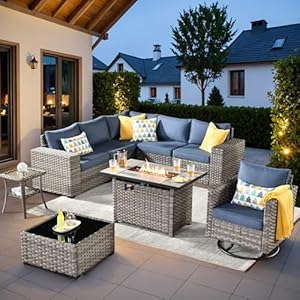 ovios 9 Pieces Patio Furniture Set Outdoor Sectional Sofa with Swivel Rocking Chair 42 Fire Pit Table Wide Arms and Deep Seat Modular Wicker Rattan Conversation Set Denim Blue