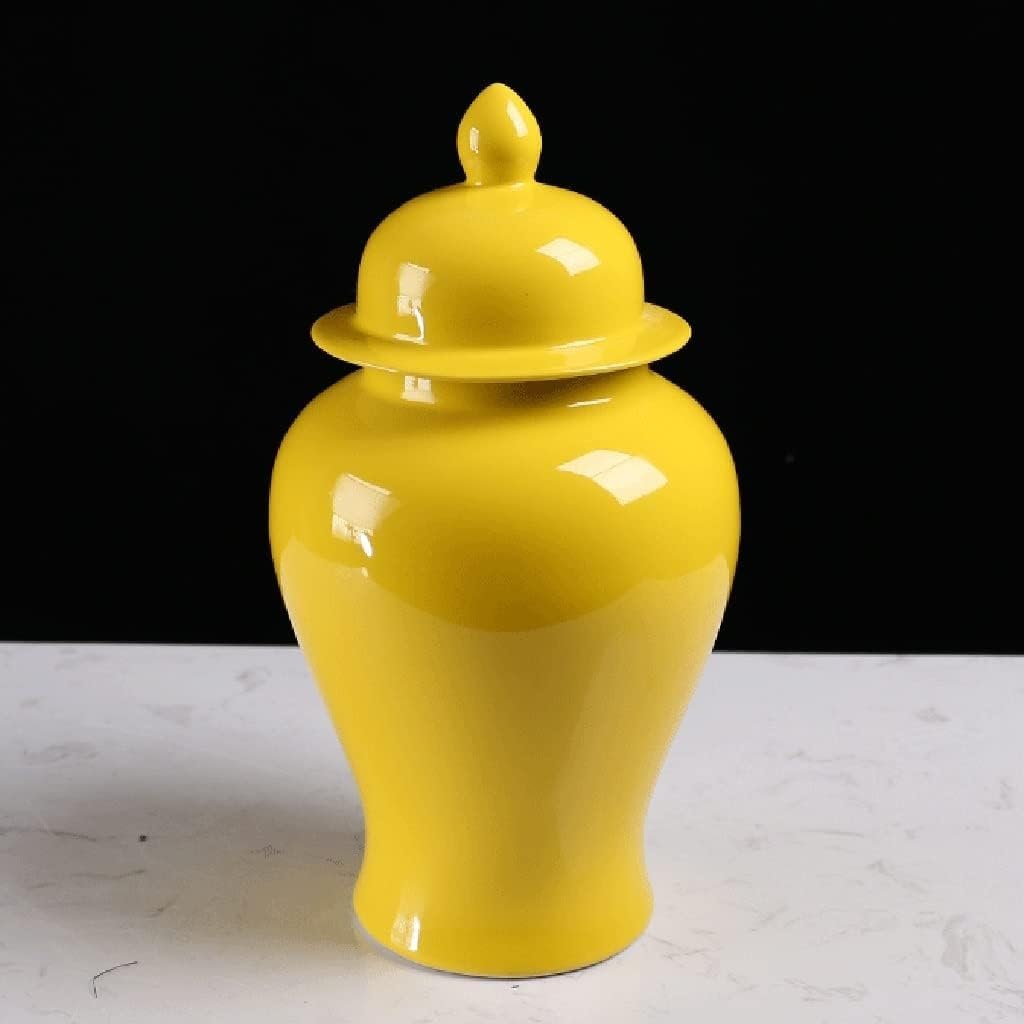 Nowoczesny wazon porcelanowy, chiński ceramiczny słoik na imbir z pokrywką, duży dekoracyjny słoik, żółty orientalny słoik świątynny (L)