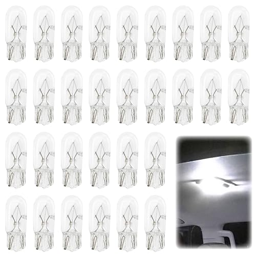 30 PCS 194 Light Bulb 1/4 Wedge Base 12V 5W Clear T10 Car Flat Foot Mini Lights 168 2825 W5W Miniature Bulb License Plate Side Marker Light Bulb for Brake Light Turn Signal Bulbs Dome Map Light