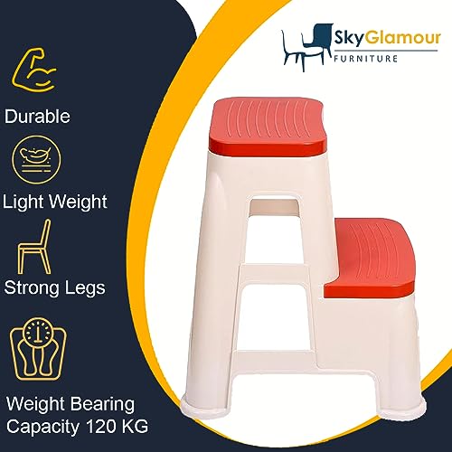 Image of SKYGLAMOUR 2-Step Plastic Heavy Duty Multi-Purpose Plastic Step Stool for Kitchen | Office&Home Use with Weight Bearing Capacity of 120 Kg |2 Step Stool for Home| Color: Red; Pack of 4