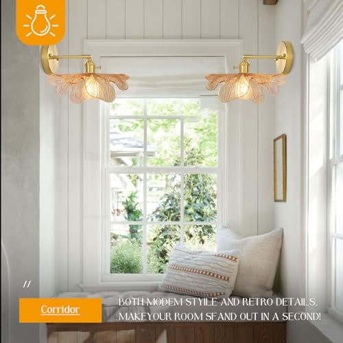 Image of Vintage Bathroom Wall Sconce Gold Mid Century Modern Vanity Light Flower Glass Wall Sconce Light Fixture Decor Art Vanity Lamp Adjustable Hardwired Vanity Lighting for Over Mirror