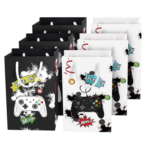 Bolsas para Fiestas de Videojuegos - 16 Piezas Bolsas de Papel para Niños Productos para Fiestas de Videojuegos Bolsas de Regalo de Caramelos con Asa (Blanco & Negro)