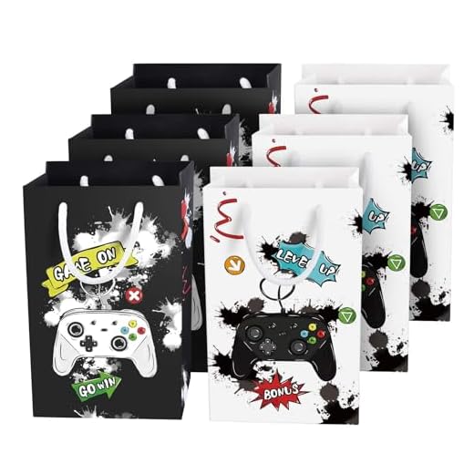 Bolsas para Fiestas de Videojuegos - 16 Piezas Bolsas de Papel para Niños Productos para Fiestas de Videojuegos Bolsas de Regalo de Caramelos con Asa (Blanco & Negro)