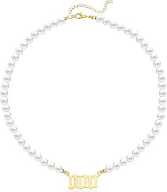 Pearl Angel Number Necklaces for Women,Pearl Necklace 111 222 333 444 555 777 888 999 Pendant Lucky Number Choker Jewelry Gold Plated Dainty Pendants Choker for Girls