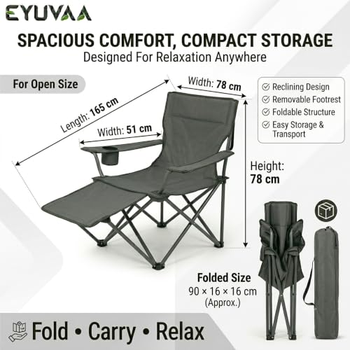 Image of EYUVAA LABEL Folding Reclining Camping Chair with Footrest, Portable Outdoor Lounge Chair with Cup Holder & Side Pocket, Heavy Duty Steel Frame, Foldable Fishing Beach Garden Chair (Multicolour)