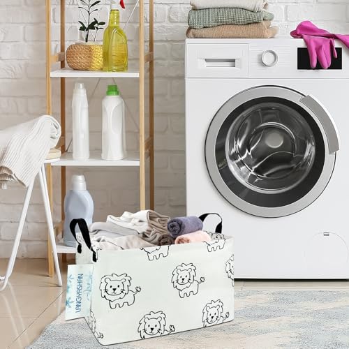 Image of Rectangular Storage Bin Collapse Canvas Fabric Cartoon Storage Basket with Handles for Organizing Home Kitchen Boys and Girls Toys Office Closet Shelf Baskets (Rec lion)