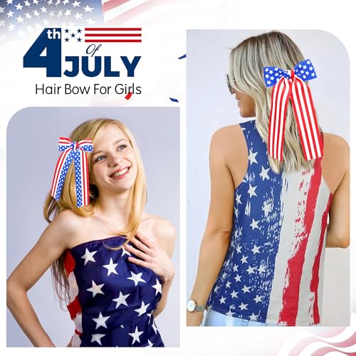 4th of July Patriotic Hair Bows for Girls & Women, American Flag USA Stars Stripe Hair Bow Clips Red White Blue Fourth of July Cheer Hair Accessories for Independence Day, (3.5 * 7.5) Inch — view 3