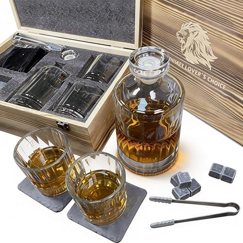 17-Piece Whiskey Decanter Set 17oz Lead-Free Crystal with Flat Panel for Labels 2 Glasses 9 Granite Stones Airtight Stopper & Pine Gift Box - Compact Gift for Men Dad Bourbon Scotch