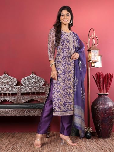 Image of Varanga Women Floral Printed Kurta Pant Set with Dupatta | Silk Blend Fabric | Summer Wear | 3 /4 Sleeve Round Neck | Lightweight & Comfortable Daily Wear
