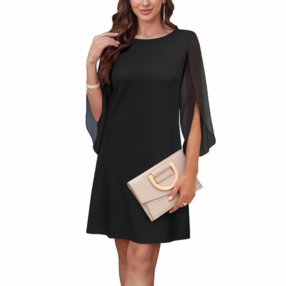 Vestito Donna Chiffon Elegante a Manica 3/4 Scollo Rotondo Elegante Casual Abiti per Cocktail Party(Nero/L)