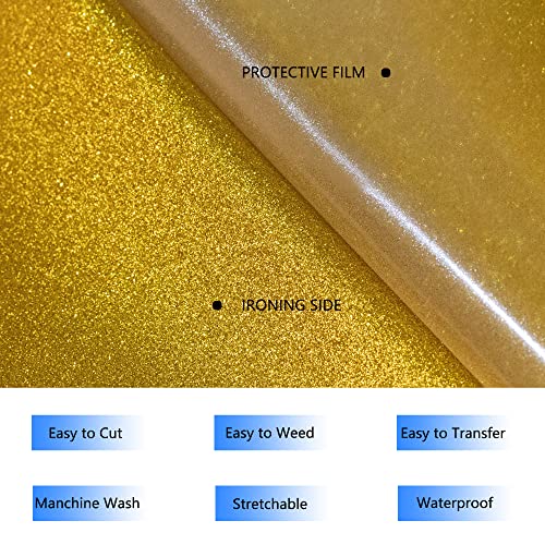 Image of HTVVETUR Glitter HTV Vinyl Rolls Heat Transfer Vinyl - 12 inch x 9ft Glitter Gold HTV Vinyl for Shirts, Iron on Vinyl for Cameo - Easy to Cut & Weed for Heat Vinyl Design (J006 Glitter Golden-9ft)