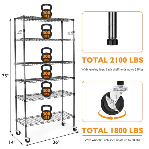 BolDuck 6 Tier Storage Shelves with Wheels, 2100lbs Capacity Heavy Duty Shelving Units, 14x36x75inch Adjustable Metal Shelf Wire Shelving Rack for Garage, Kitchen, Office, Black
