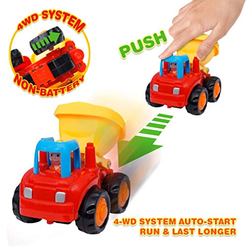 Toddler Toy Trucks Toy For 1 2 3 Year Old Boy Gift: Friction Powered Cars - Push And Go Toys Car Construction Vehicles Set 18 Month Age Girls Baby Set Of 4 Tractor Cement Mixer Bulldozer Dump Truck #TOP1