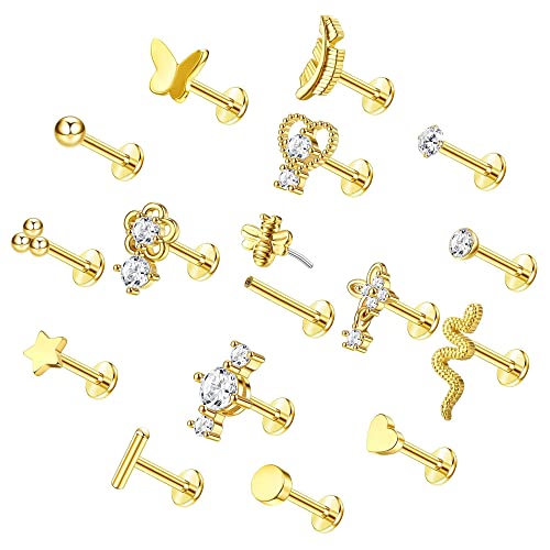 Fiasaso 16Pcs 16G Cartilage Stud Earrings For Women Teen 316L Stainless Steel Top Screw Cz Star Bee Snake Dangle Conch Helix Tragus Flat Back Earrings Screw Back Ear Piercing Jewelry #TOP23