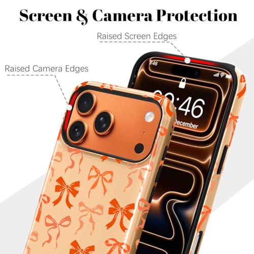 Image of Magnetic for iPhone 17 Pro Max Case for Women Men, Orange Bow | Cute Ribbon Bow Pattern Design [Compatible with MagSafe] 2-Layer Hybrid Shockproof Glossy Protective Cover
