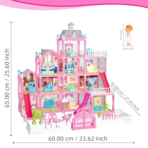 LinJie Doll House for Girls,Pretend-Play Diy Dollhouse Kit,13 Rooms Dollhouse With Dolls Figure&Puppies&Furnitures&Accessories&Led Light,Toddler Playhouse Gift For For 4-12 Year Old Girls Toys.