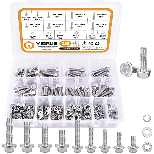 VIGURE 228PCS M6 M8 Metric Bolt Assortment Kit, M6 x 12/16/20/25/30mm Stainless Steel Flanged Hex Bolts and M8 x 16/20/25/30mm Flange Metric Bolts and