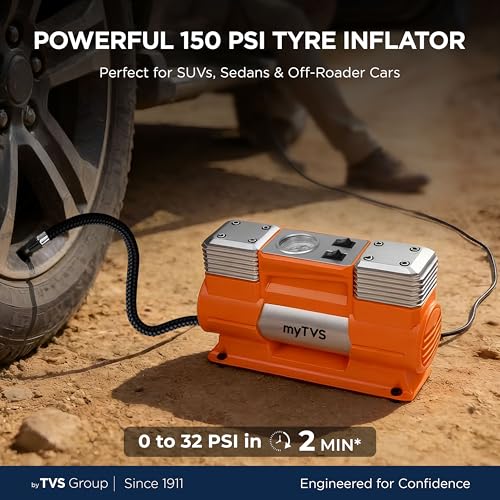 Image of myTVS air Monster Heavy Duty Tyre Inflator for SUV /Sedan, 150 PSI Metal Body Fast Inflation Air Pump for Car tire with Dual Cylinder High-Performance Compressor with LED & 1+1 Year Warranty (TI-18)