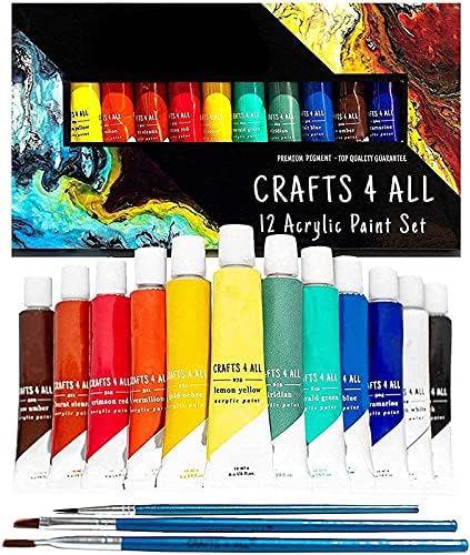 Crafts 4 ALL Acrylic Paint Set for Kids and Adults - 12 Pack of 12 mL Craft Paint Colors for Wood, Canvas, Fabric and Ceramics w/ 3 Different Sized Brushes - Art Supplies, Multi Deal