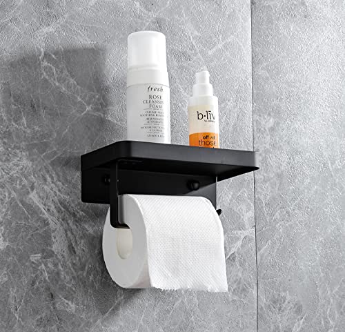 Support de papier toilette avec étagère noire autocollant sans perçage, support de papier toilette mural pour salle de bain, toilettes, cuisine Cover