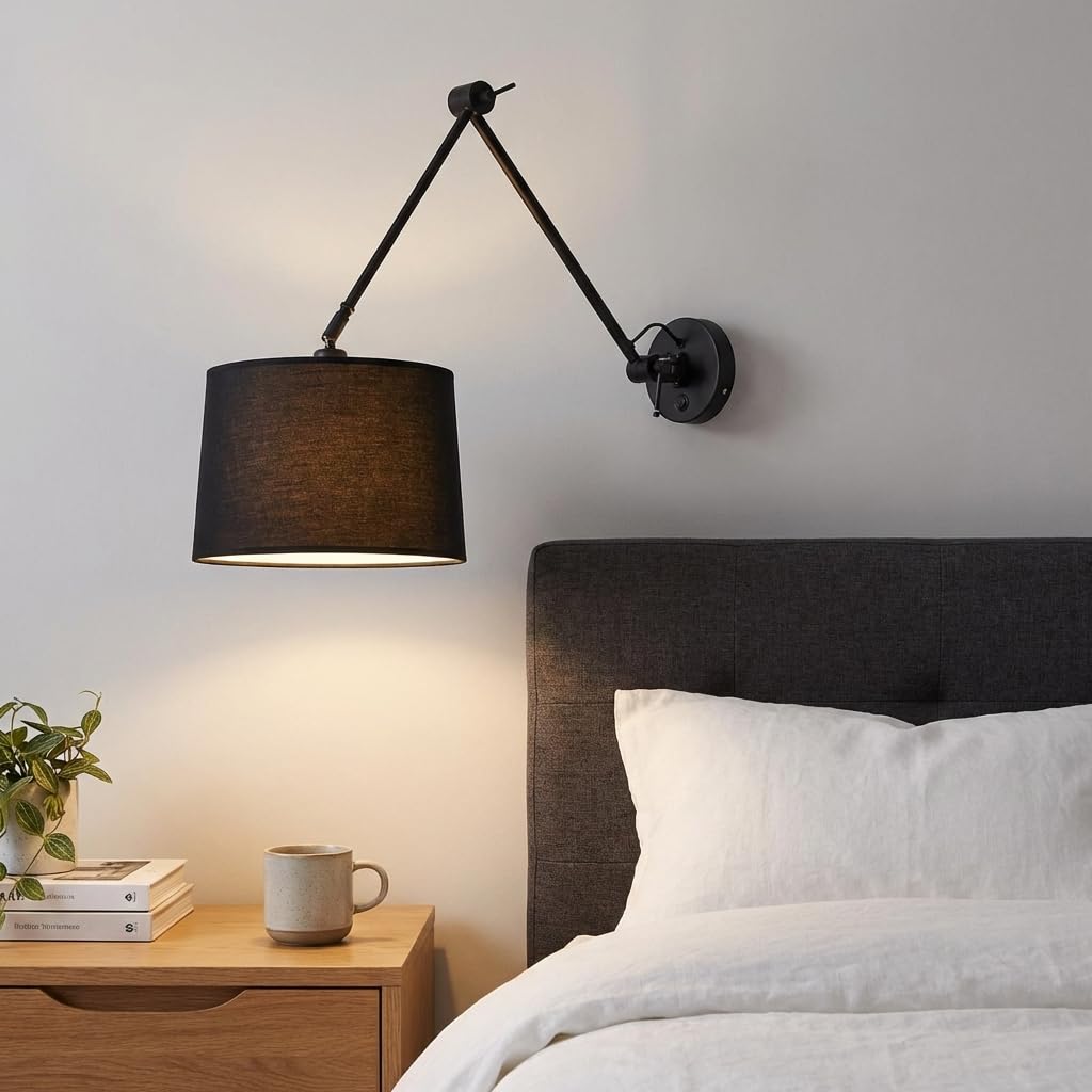 B·LED BARCELONA LED Wandleuchte mit Gelenkarm und zylinderförmigem schwarzem Stoffschirm Nordisches Design Klassisches elegantes Schalter und E27-Fassung zum Lesen Wohnzimmer Nachttisch Hotel