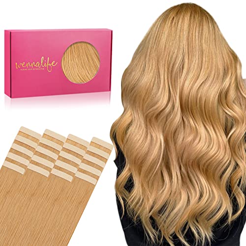 Image of WENNALIFE Tape in Hair Extensions Human Hair, 20pcs 30g 10 inch Strawberry Blonde Remy Hair Extensions Straight Human Hair Tape in Extensions Skin Weft Tape Extensions Human Hair